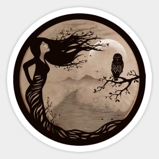 Owl Woman Tree Shaman Art - Natural Drum 12 Sticker